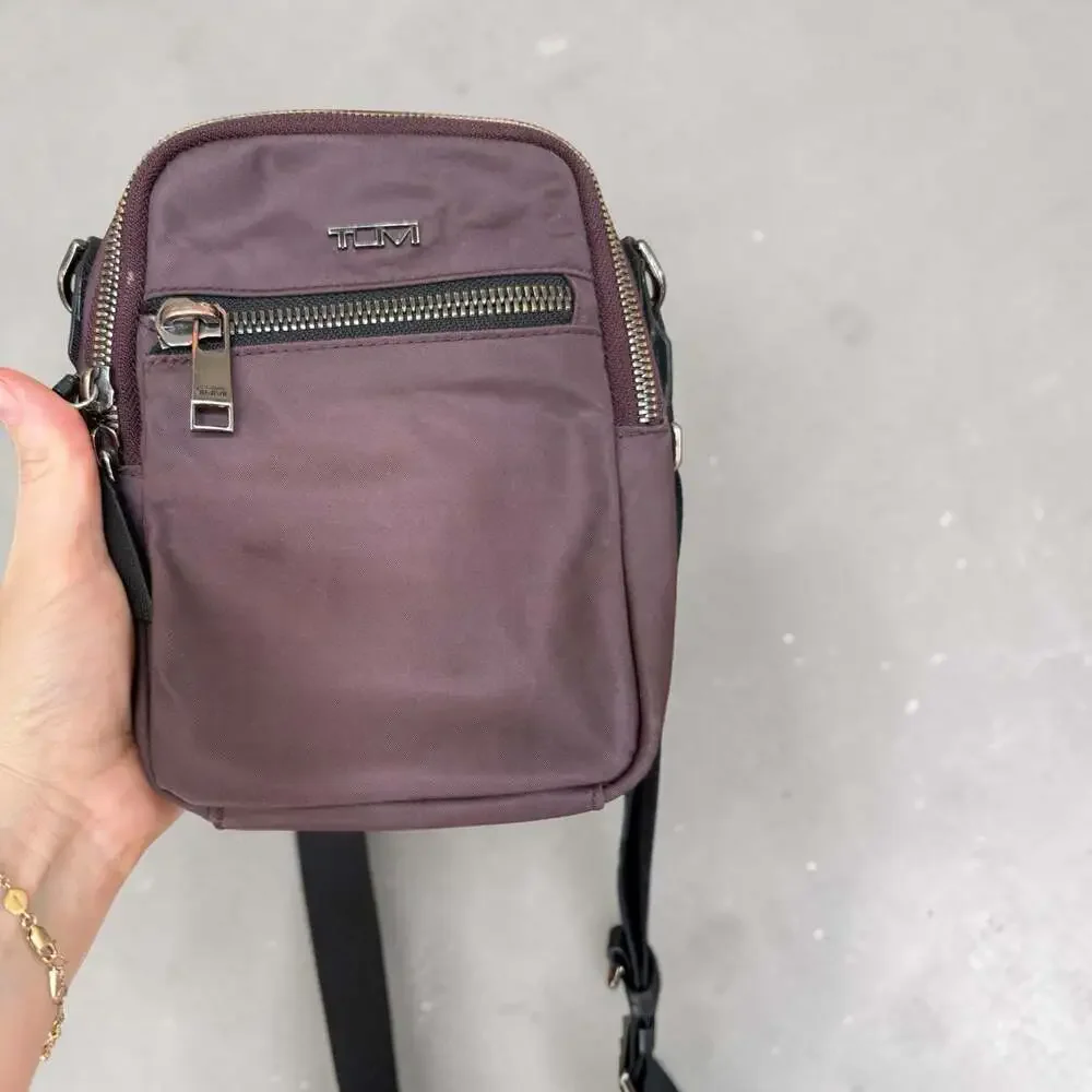 TUMI Voyageur Persia Crossbody Bag Deep Plum Purple Nylon Vertical Travel Bag
